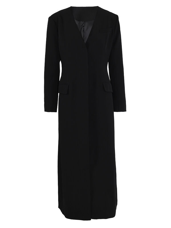 [EAM] donna bottone nero elegante Blazer lungo nuovo scollo a v manica lunga giacca ampia moda marea primavera autunno 2024 7 ab1239