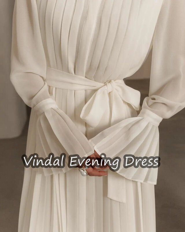スクープネックライン-女性のためのエレガントなシフォンイブニングドレス,統合されたブラ,長い袖,ティーレングス,ヴィンテージ,2024