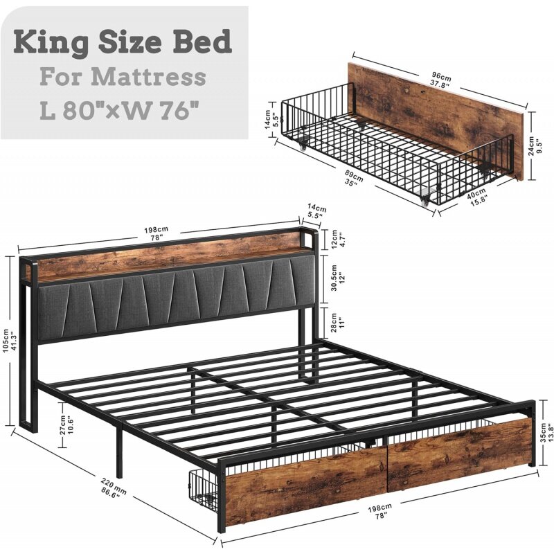 Rama łóżka duży rozmiar LIKIMIO, zagłówek do przechowywania z stacja ładowania, łóżko z pełnymi bokami z szufladami, bez sprężyny skrzynowej, łatwy Asse