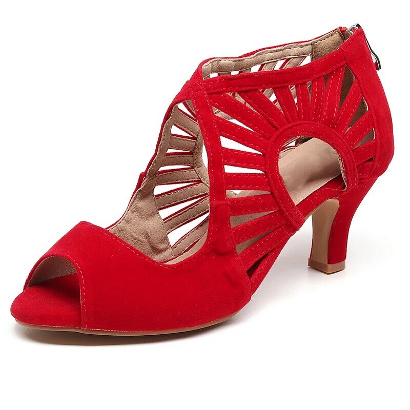 Zapatos de baile rojos con correa para mujer y niña, sandalias de ante de goma para verano, Salsa, Jazz, baile latino, Sheos6-11cm