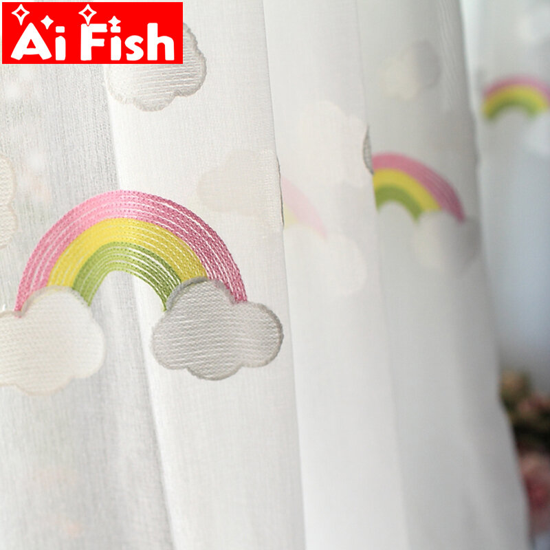 白い雲と虹の刺繍が施されたベッドルームの窓のカーテン,リビングルーム用の韓国の純綿のチュールベール #5