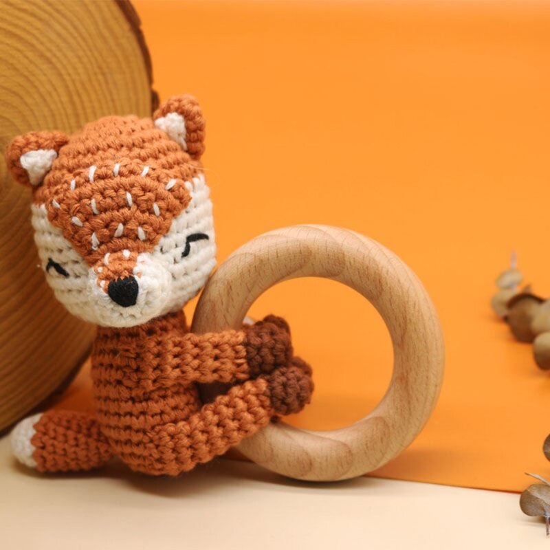 77HD benang katun Crochet hewan Rattle rajutan bel tangan bayi Teether cincin kayu buatan tangan BPA bebas mengunyah mainan tumbuh gigi
