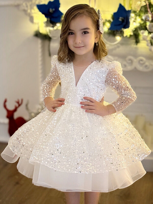 花の女の子のための白いチュールのふくらんでいるドレス,スパンコールの前立て,長袖,結婚式,誕生日パーティー,宴会,プリンセスドレス