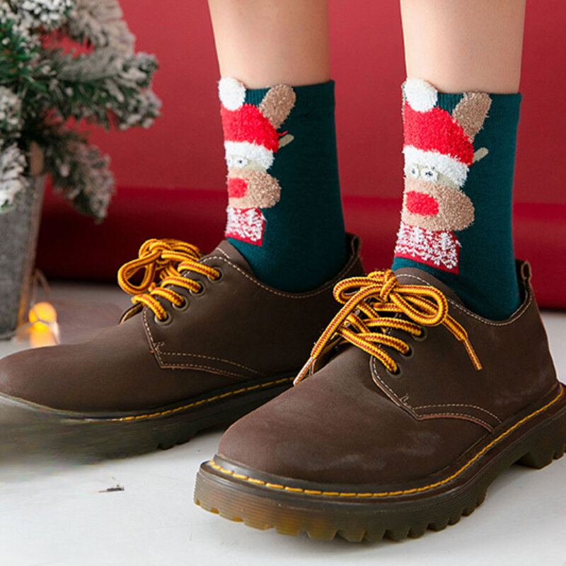 1 para świątecznych skarpetek z wysokim stanem dla kobiet Coral Velvet Casual Warmth Softness Cuteness Girl Boy Floor Socks Christmas Style