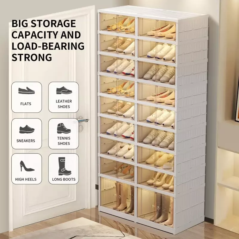 Rack de sapato plástico dobrável, empilhável clara dobrável sapato armazenamento caixa, armário alto para armário