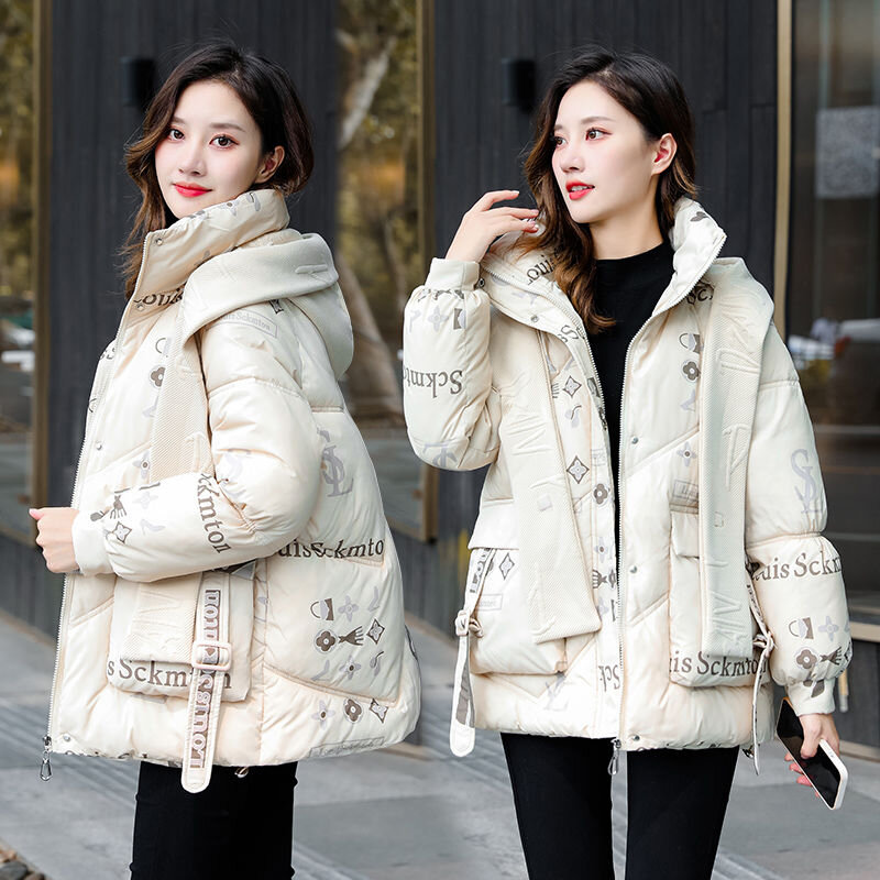 Jaket panjang bertudung untuk wanita, mantel musim dingin baru bahan katun tebal hangat motif modis, mantel Parker bertudung kasual untuk wanita