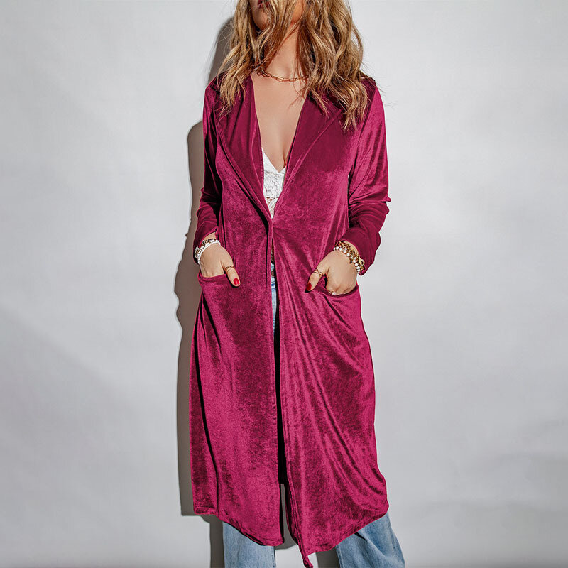 Женское бархатное пальто средней длины, коричневое модное плюшевое пальто с длинным рукавом и карманами, 8511092