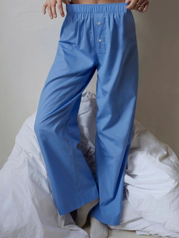 Combhasaki celana panjang Retro wanita, celana panjang lurus longgar estetika pinggang tinggi elastis kancing panjang polos/bergaris kasual Vintage