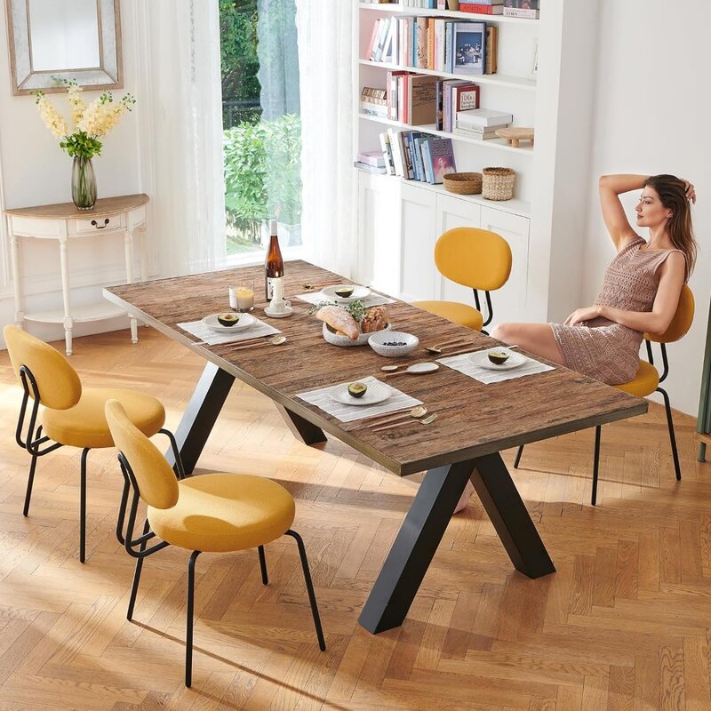 Nowoczesne krzesła do jadalni z tkaniny, zestaw 2 krzeseł kuchennych do pokoju dziennego z zakrzywionym oparciem, okrągłe siedzisko, czarne metalowe nogi, żółte