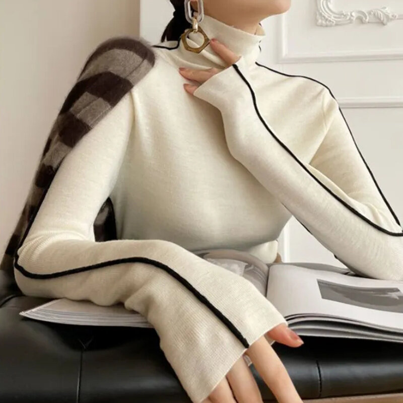 Jersey de cuello alto a rayas para mujer, suéter de punto cálido, elegante, coreano, oficina, diseño Simple, primavera y otoño, Y2K