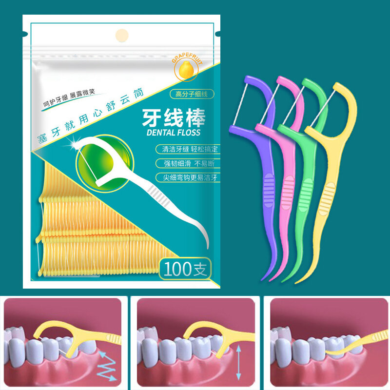Mini hilo Dental de 100 piezas, hilo de polímero con sabor a menta, limpieza de dientes de línea plana ultrafina