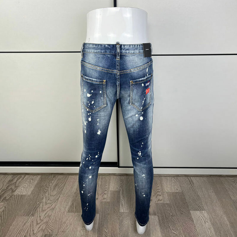 Moda de rua dos homens jeans de alta qualidade retro azul elástico fino ajuste do vintage rasgado jeans pintados designer marca calças hombre