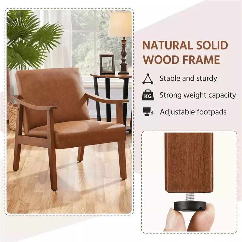 Accent Chair, Leather Foam Rubber Wood Cushioned Seat and Tilt Backrest, Accent Chair