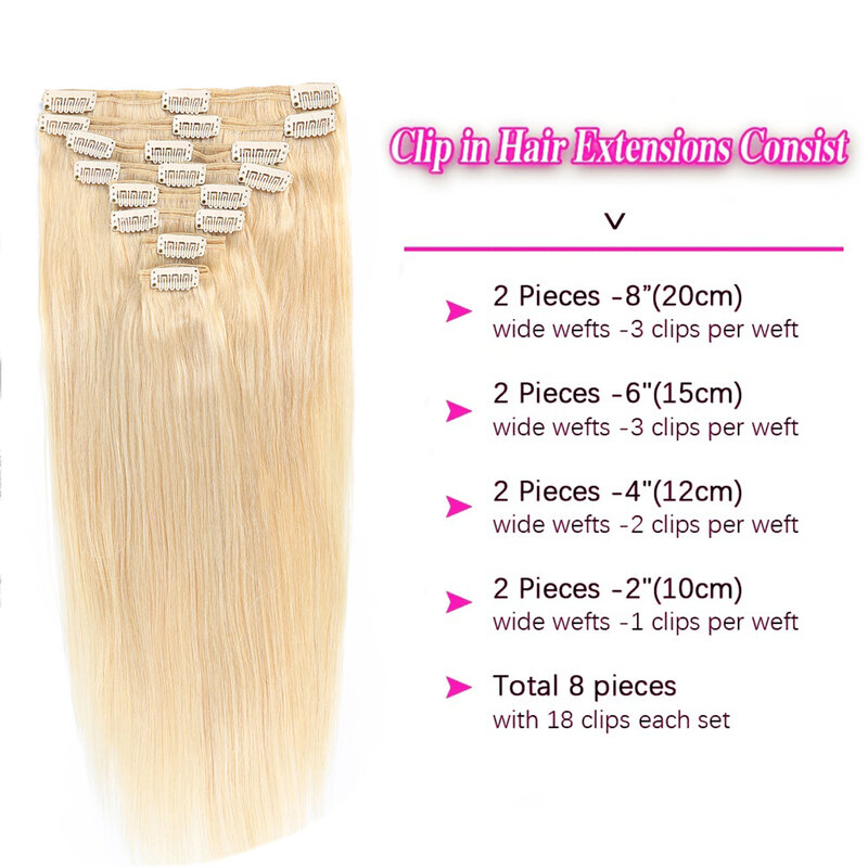Straight Blonde Clip In Extensions 8 pcs/Set 100% Human Hair Full Head Hair Extension For Women Easy to Use Hair Clips #613