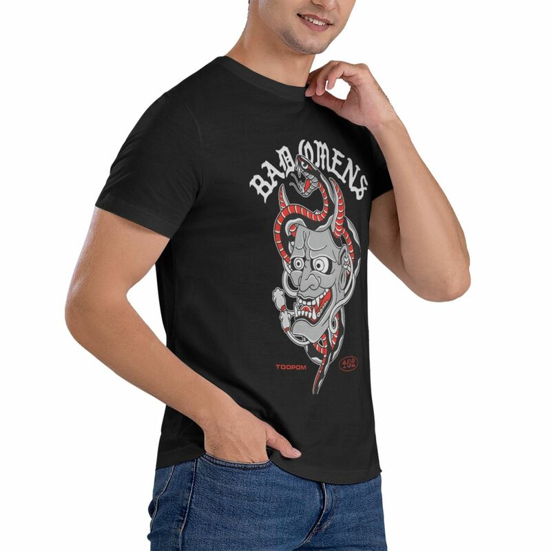 T-shirt de manga curta com logotipo da arte para os homens, 100% algodão, com maus presságios, gola, presente de aniversário