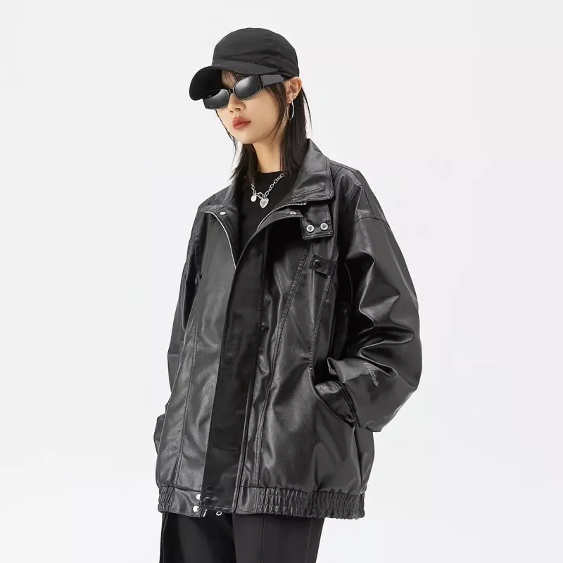 Jaqueta de couro vintage feminina, grande, estilo coreano, streetwear, motoqueiro, zíper, jaquetas PU, gótico, blusão preto casual