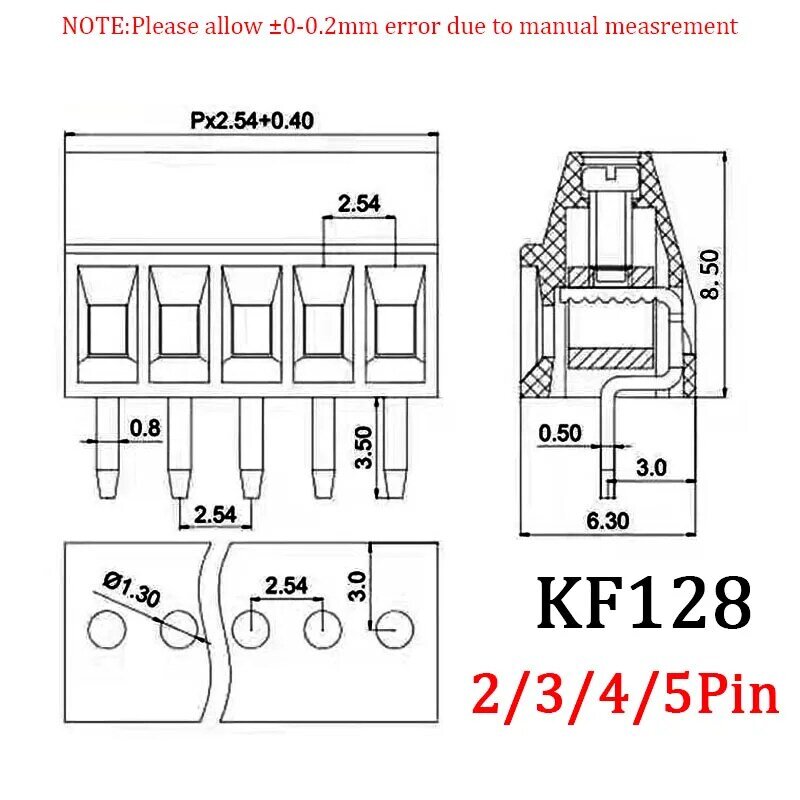 10pcs KF128 conectores de placa PCB para cabos elétricos 2,54 mm espaçamento 2/3/4/5/6/7/9/10/12 placa de terminais parafusos de pino 26-18 AWG Cabo