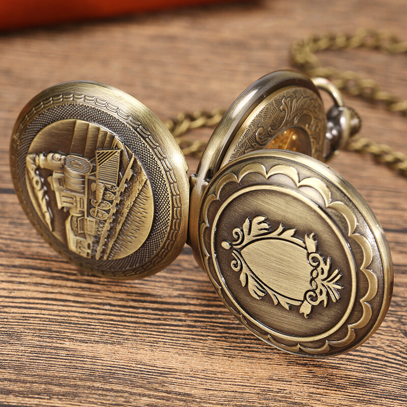 Steam Train Mechanical Pocket Watch Men Double Hunter Design Bronze/Silver Pendant Chain Pocket Timepiece Antique Style Gift Man