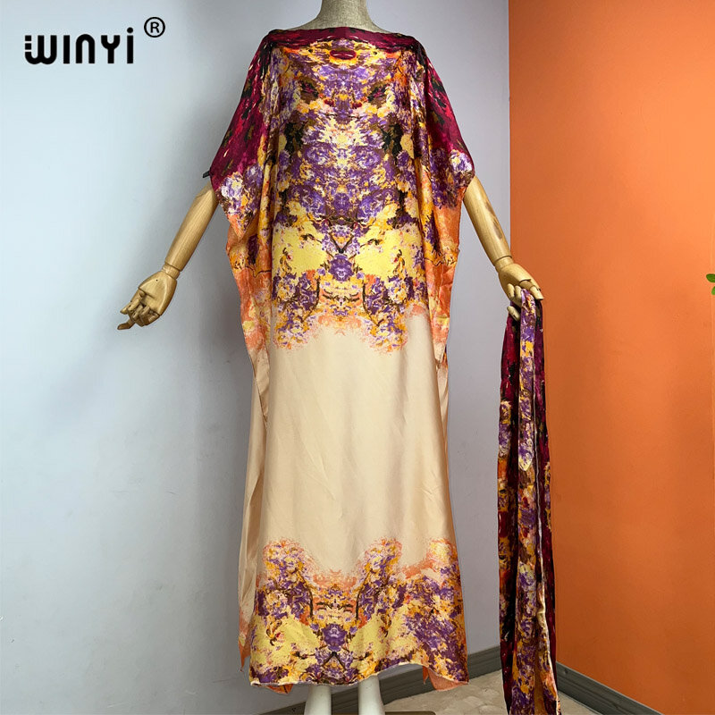 WINYI-Robe de soirée élégante pour femme, caftan surdimensionné, imprimé africain, avec ceinture, nouvelle collection