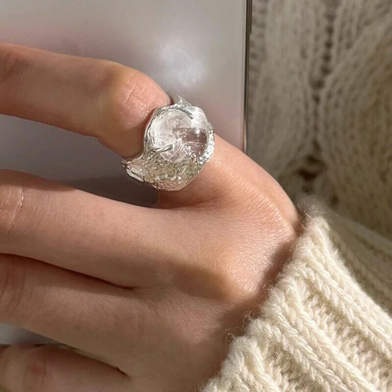 BF CLUB cincin perak Sterling 925 wanita, cincin alergi buatan tangan Vintage terbuka sederhana batu besar untuk pesta hadiah ulang tahun