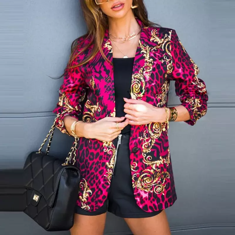 Jaket Streetwear wanita kantor, jaket kardigan lengan panjang kasual modis bercetak kerah rebah, elegan, musim semi