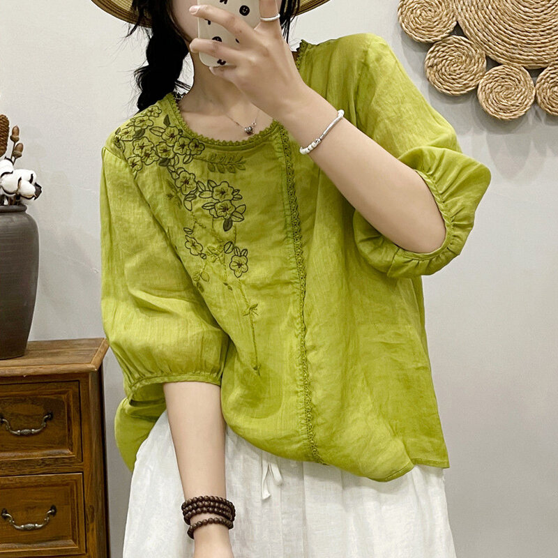 Camicetta da donna con ricamo in stile etnico Vintage moda Patchwork in pizzo Oversize camicia in lino di cotone Casual O collo mezza manica top