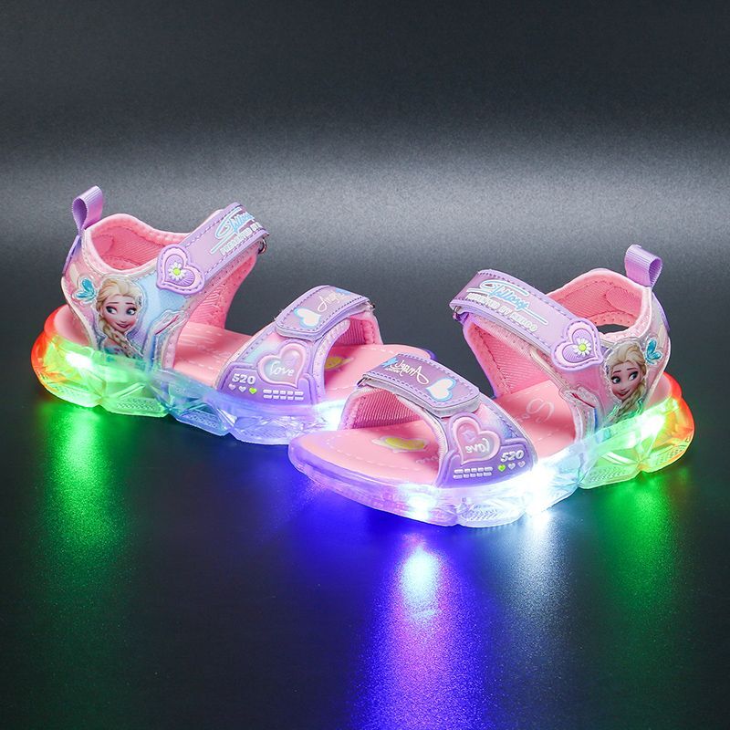 Sandal Kasual Lampu LED Disney Sepatu Luar Ruangan Beku Putri Elsa Anak Perempuan Sandal Anak Bayi Bercahaya Ukuran 26-37