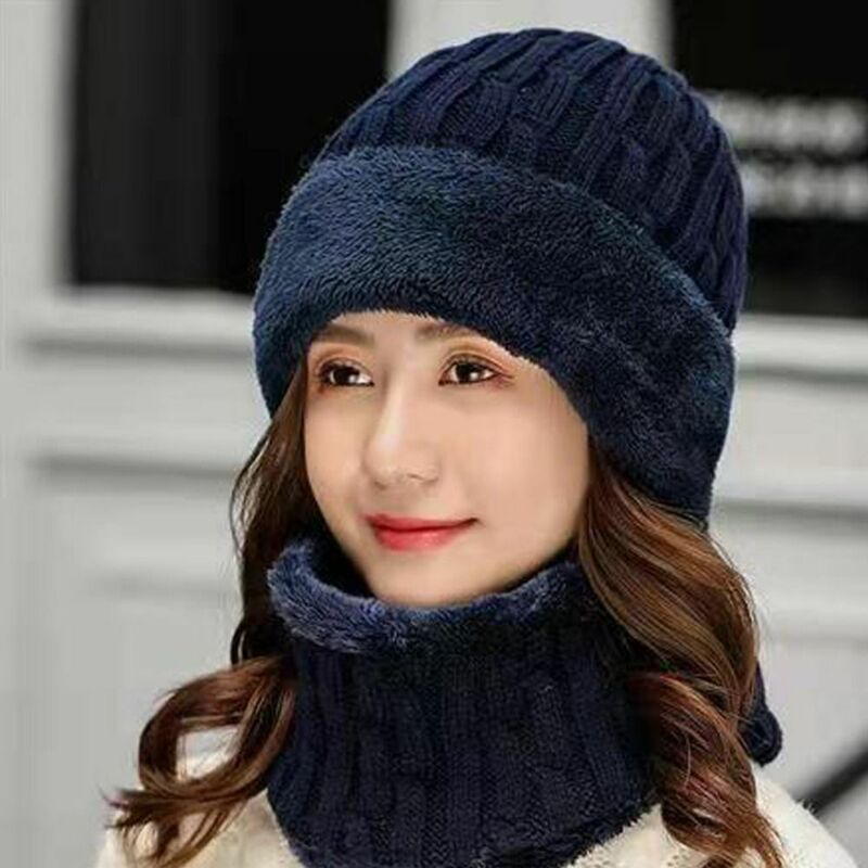 Outdoor Coral Fleece Hat Scarf Set New Thicken Plus Velvet Knitted Neck Cover Skullies Beanies Warm Mask Cap Scarves