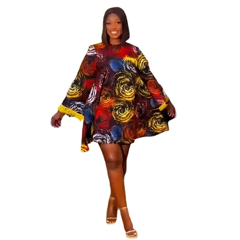 Gaun wanita elegan dan cantik mode musim gugur Afrika gaun Mini rumbai lengan panjang pakaian Afrika Dashiki pakaian Afrika