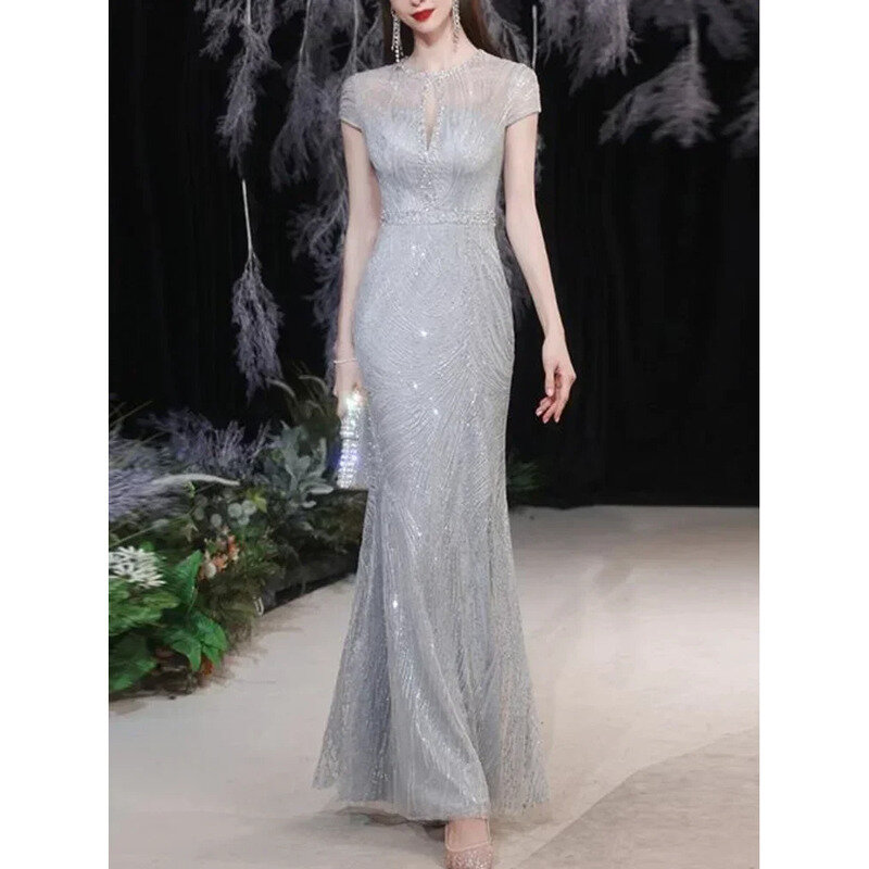 Gaun malam ramping berpayet kerah O Sederhana pas untuk pesta pernikahan tanpa lengan gaun pesta dansa elegan bergaya