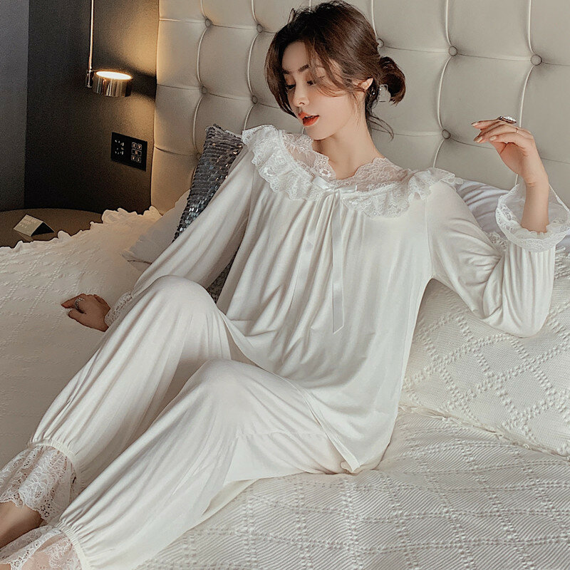 Conjunto de pijama de manga larga para mujer, ropa de dormir bonita, diosa del palacio, Modal, encaje, Princesa, para exteriores, Primavera