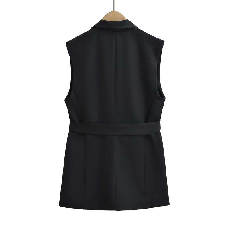 KEYANKETIAN 2024 New Launch Women's With Belt Decoration Black Waistcoat Stylish Simply Slim Mid-length Tank Top Sleeveless Vest