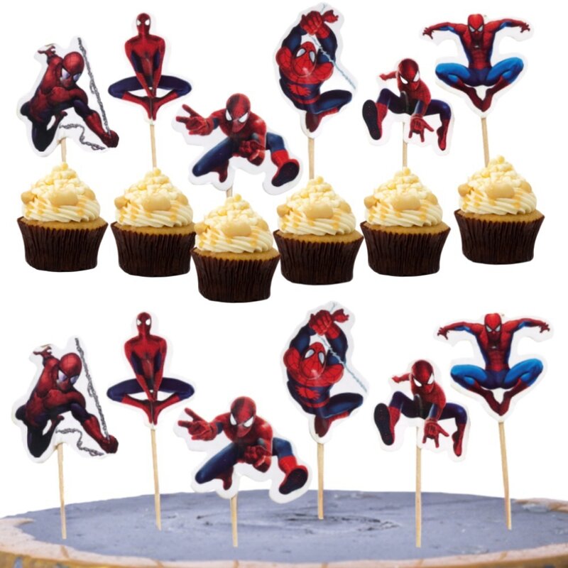 24 buah Spiderman dekorasi kue anak laki-laki hadiah pesta kue Topper dekorasi Baby Shower Superhero Cupcake Toppers perlengkapan dekorasi