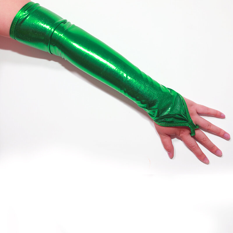 Guanti senza dita metallizzati Sexy da donna blu cielo lunghezza gomito verde Party Dance Cosplay Club accessorio guanti lunghi da notte lucidi