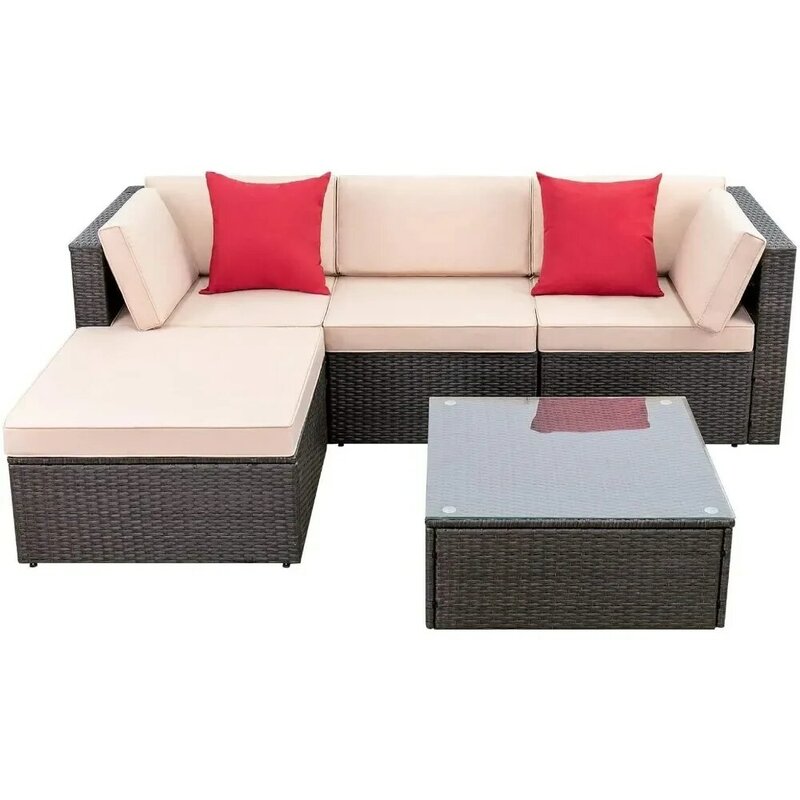 5 PiecesPatio Furniture Sets All Weather Outdoor Sectional Patio Sofa Manual Weaving Wicker Rattan Patio Seating Sofas  Cushion