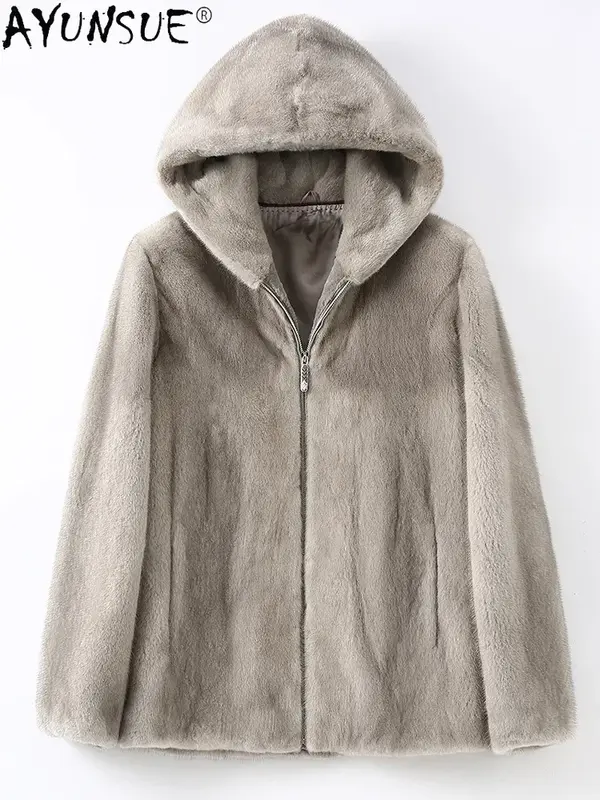 AYUNSUE-casaco de pele vison genuíno para homens, casacos com capuz, casacos luxuosos, top de pele natural, inverno
