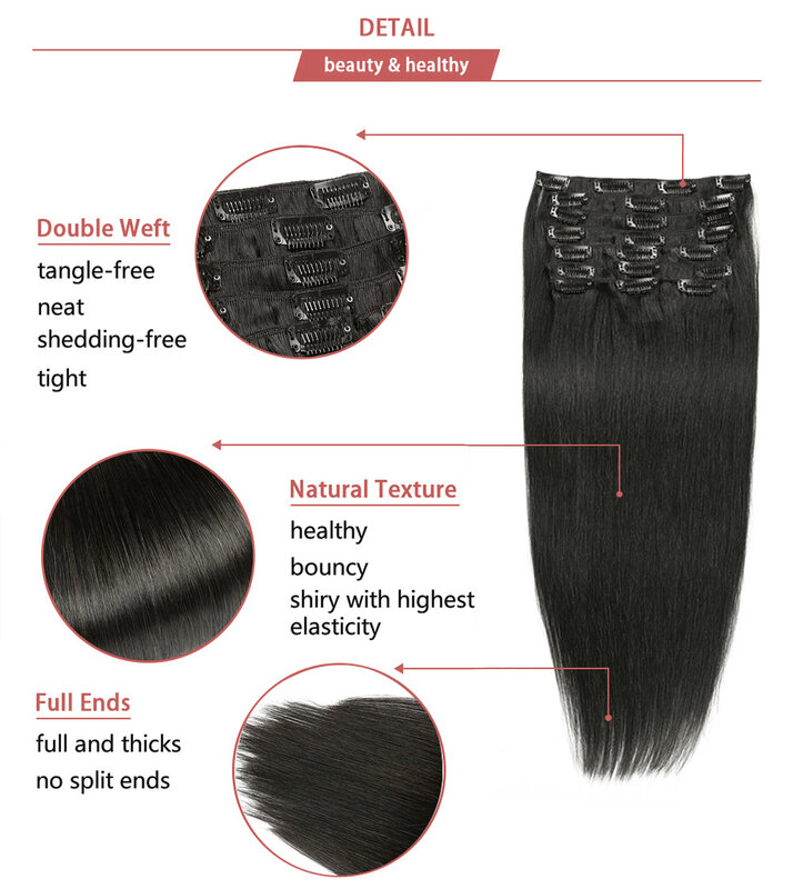 Extensiones de Cabello con Clip para mujer, postizo de doble trama negra Natural, extensiones de cabello humano Remy de 16-20 pulgadas