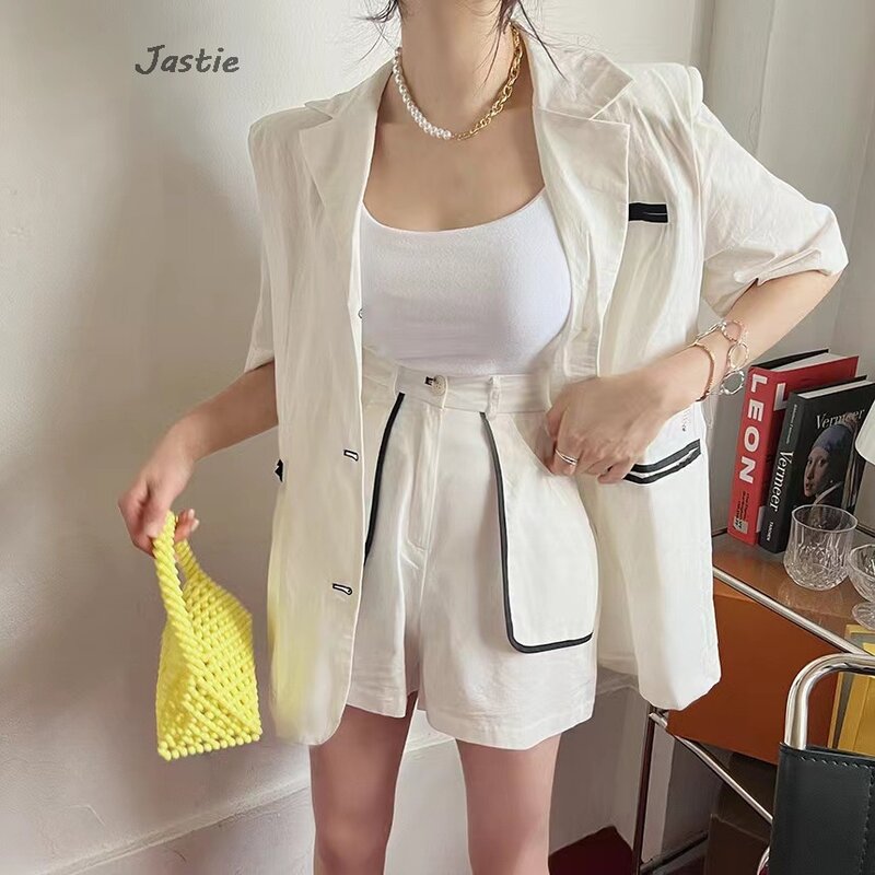 韓国の女性のファッションハイウエストショーツセット、カジュアルな薄いボタンブレザー、半袖、オフィスの女性の服、夏