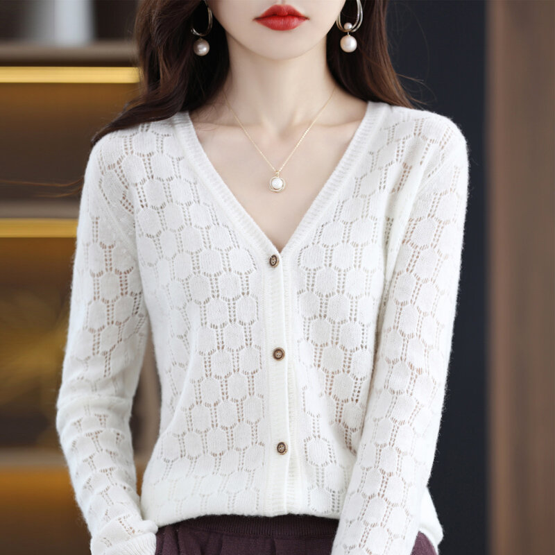 Cardigan feminino 100% lã australiana artesanato pesado oco temperamento versátil luz luxuoso de alto valor manga longa vestuário exterior