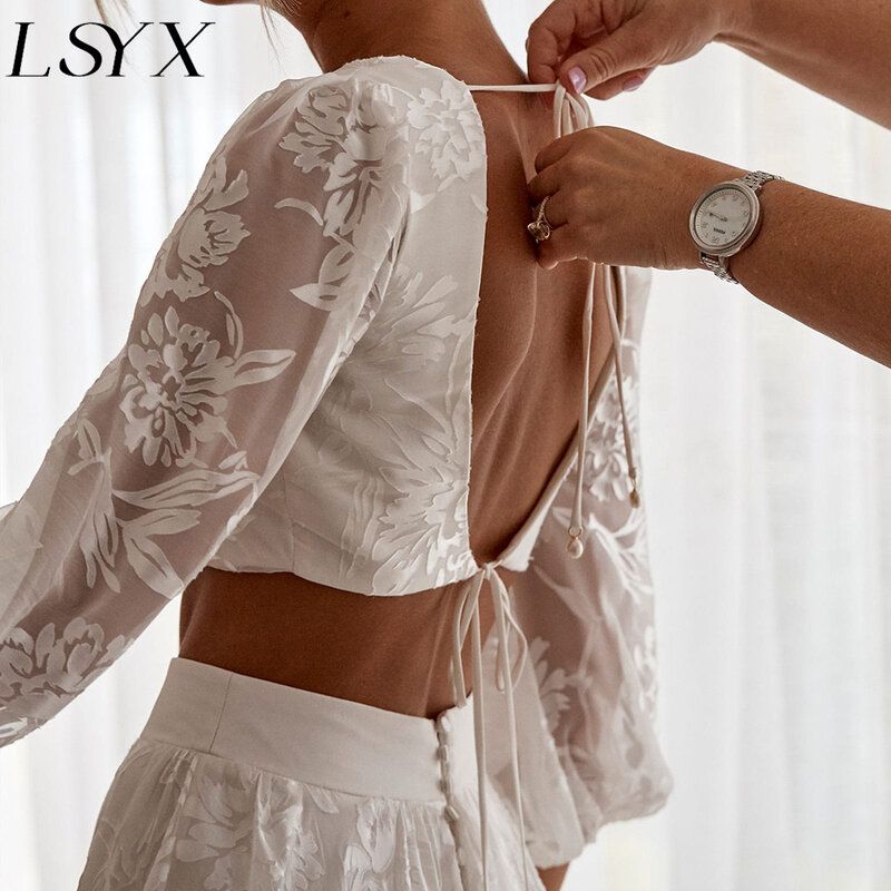 LSYX-vestido de novia de dos piezas, Top corto de encaje, cuello cuadrado, tren de barrido, mangas 3/4, Espalda descubierta, línea A