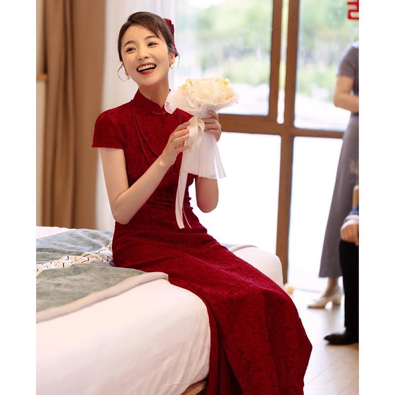 Elegant Short Sleeve Qipao Toast Clothing Women Burgundy Wedding Ball Prom Gown Formal Party Dress Vestido