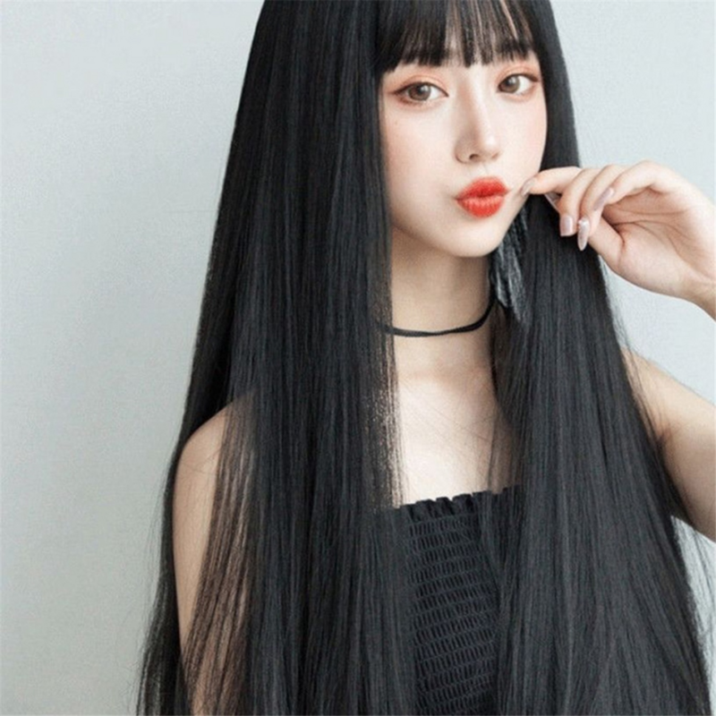 Peruka Bob Bobo peruka z grzywką dla kobiet, naturalny wygląd długa peruka Bob, peruka z prostymi włosami na co dzień koreańska wersja czarna