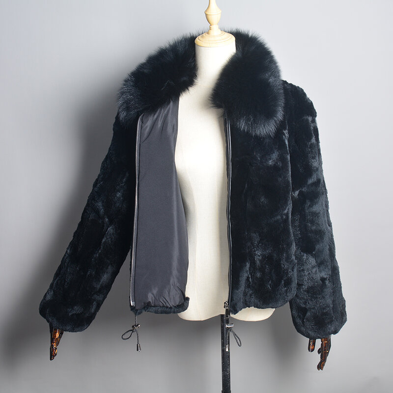 New Women Winter Thick Natural Real Rex Rabbit Fur Coat Lady Warm Quality 100% Genuine Rex Rabbit Fur Jacket With Fox Fur Collar