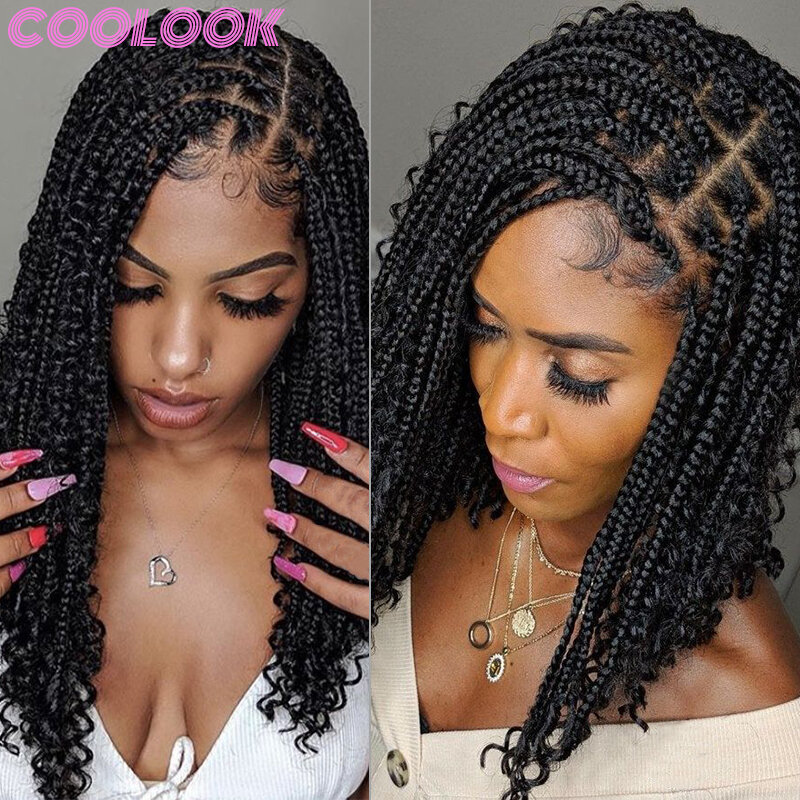 12inch Full Lace Box Braided Wig Heat Resistant Synthetic Lace Frontal Braids Wig Bohemia Water Wave Silky Lace Front Braids Wig