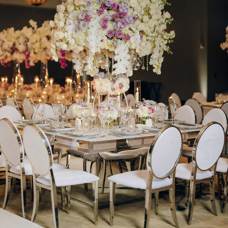 Aço inoxidável moderno casamento mesa, cadeiras para banquete, festa e eventos, novo design, 18PCs