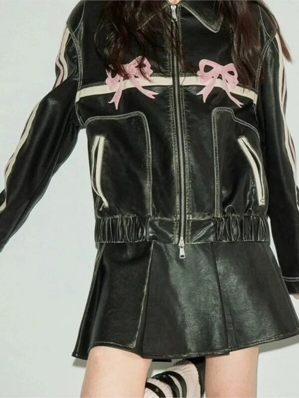 2023 autunno Y2k Bow PU giacca in pelle donna Cool Sweet Zipper Polo Collar Coat Fashion Vintage Street moto giacche