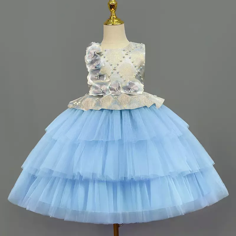 Children's princess  new floral girl fluffy cake little girl hosting piano performance dress