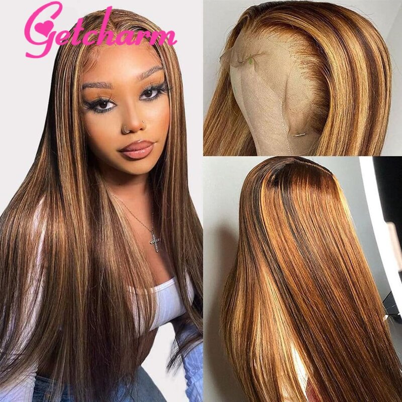 4/27 Highlight Human Hair Wigs Glueless 13x4 Lace Front Wigs Straight Hair Wigs Ombre Brown Blonde Colored Brazilian Human hair