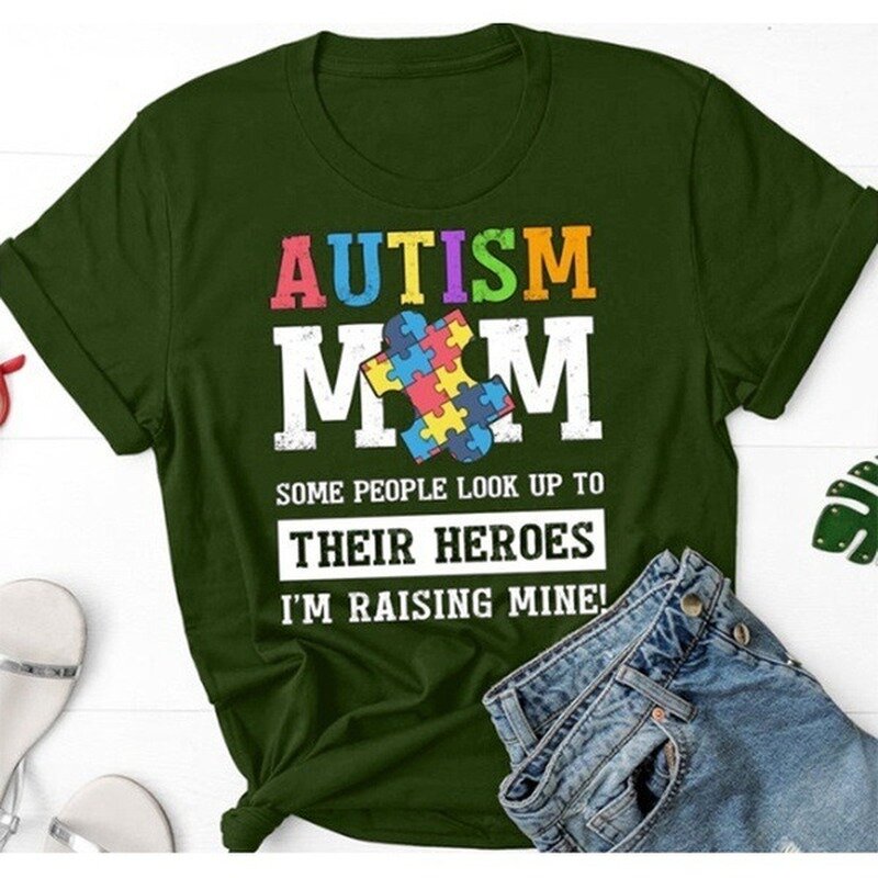 자폐증 엄마 레터 프린트 티셔츠, 여성용 반팔, O넥, 루즈한 티셔츠, 여름