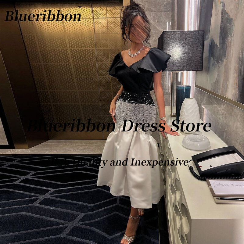 Blueribbon-Robes de Rhsirène pour femmes, col en V, manches coiffées, robe de cocktail, perlée, luxe, soirée, quelle que soit, image réelle